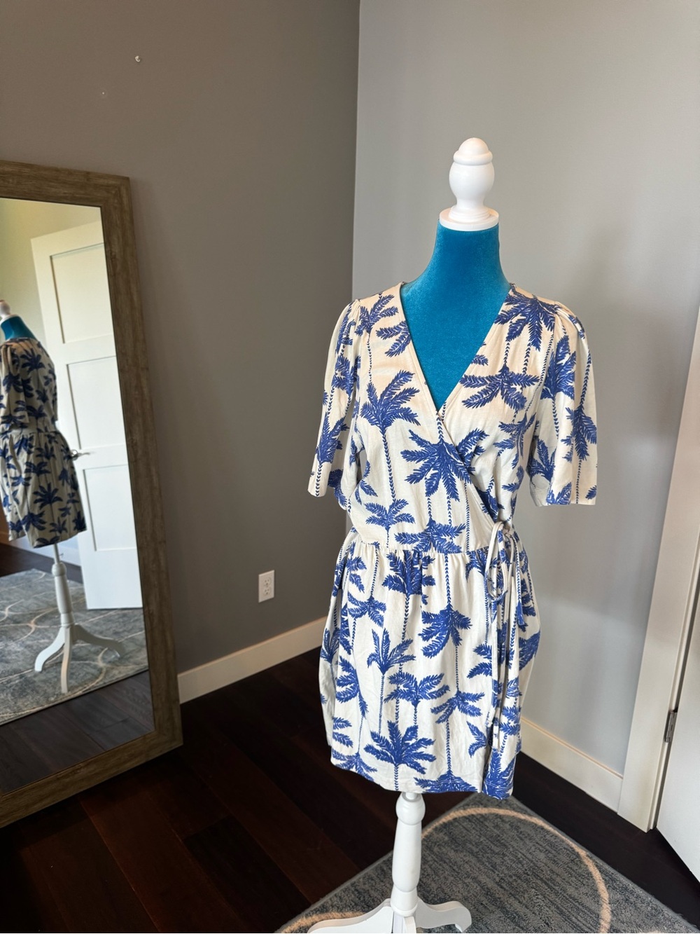 H&M White Mini Wrap Dress with Blue Palm Print
